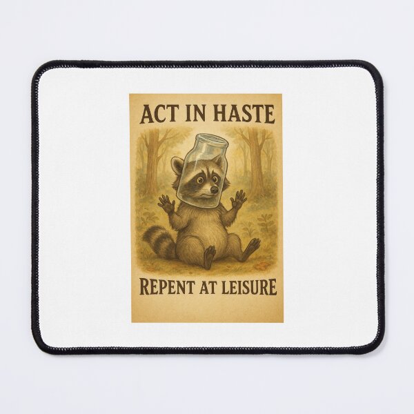 Item preview, Act In Haste, Repent at Leisure – Wise Raccoon Animal Humor Illustration designed and sold by WhimsyByPaul.redbubble.com.