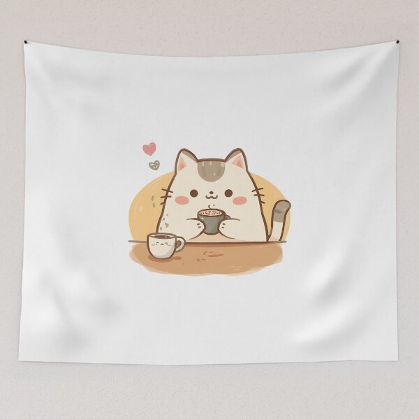 Item preview, Cute Chubby Cat Sipping Tea in Cozy Café – Soft Pastel Japanese Style Illustration | Slow Day Friends designed and sold by SlowDayFriends.