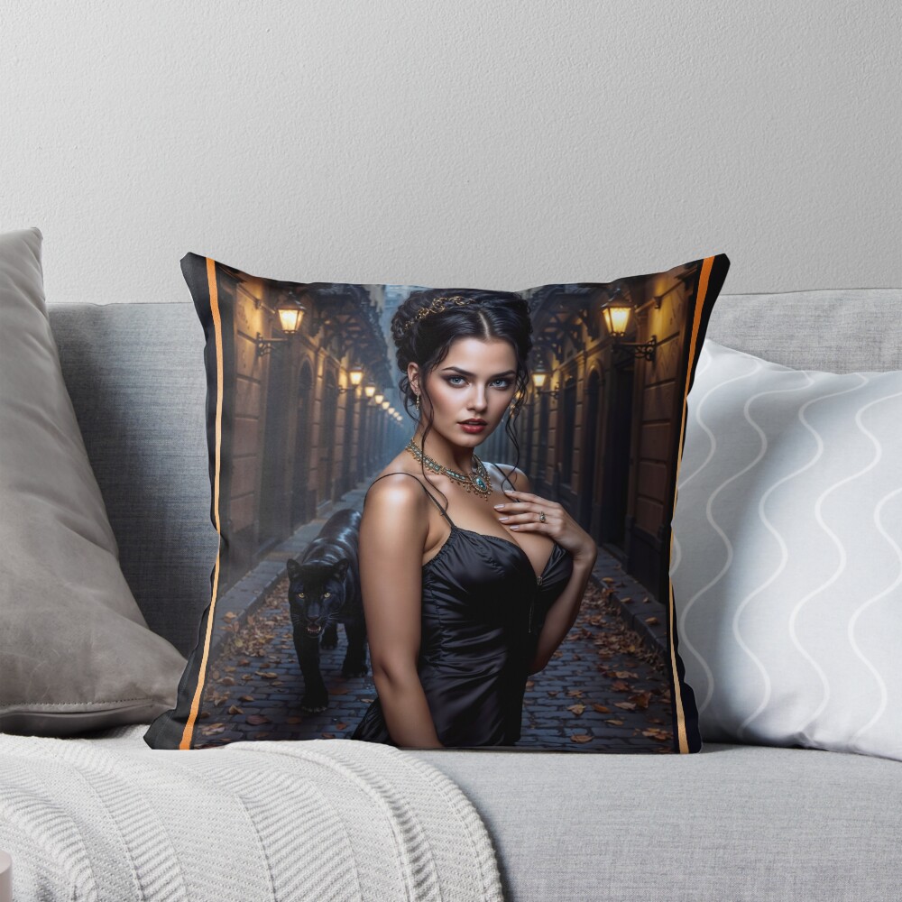 Tenchia Feltetti Walking With Her Panther Captivating AI Concept Art by Xzendor7 Decorative Art Print Throw Pillow