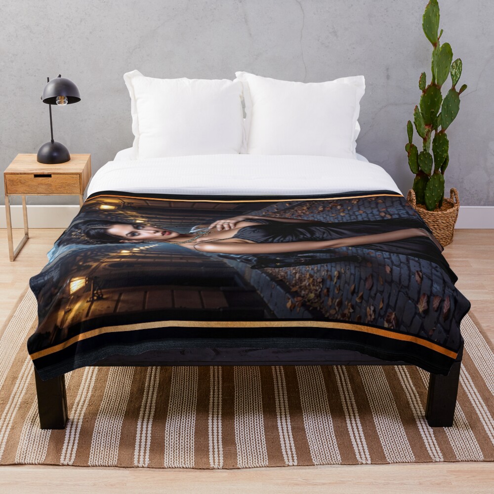 Tenchia Feltetti Walking With Her Panther Captivating AI Concept Art by Xzendor7 Decorative Art Print Throw Blanket