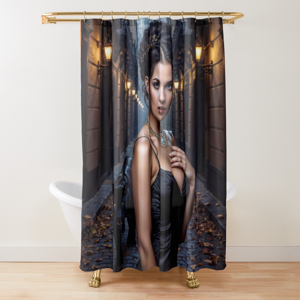 Tenchia Feltetti Walking With Her Panther Captivating AI Concept Art by Xzendor7 Decorative Art Print Shower Curtain