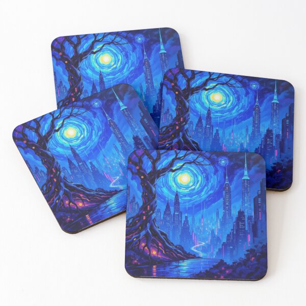 Item preview, Twisted Tree & Neon Skyline – van Gogh vibes in surreal fusion of nature & futuristic city lights designed and sold by FotoworldEdel.
