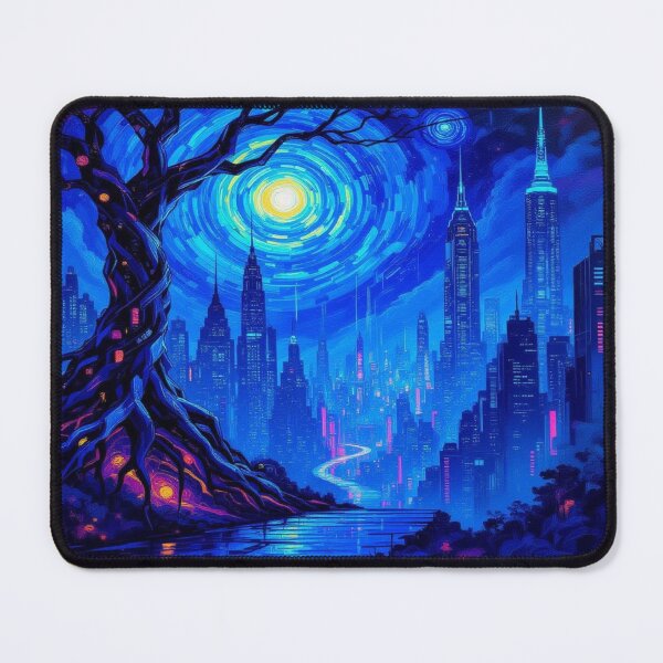 Item preview, Twisted Tree & Neon Skyline – van Gogh vibes in surreal fusion of nature & futuristic city lights designed and sold by FotoworldEdel.