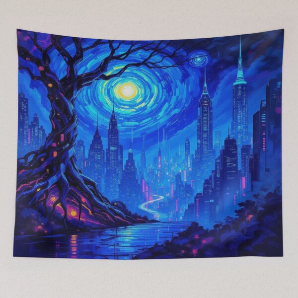 Item preview, Twisted Tree & Neon Skyline – van Gogh vibes in surreal fusion of nature & futuristic city lights designed and sold by FotoworldEdel.