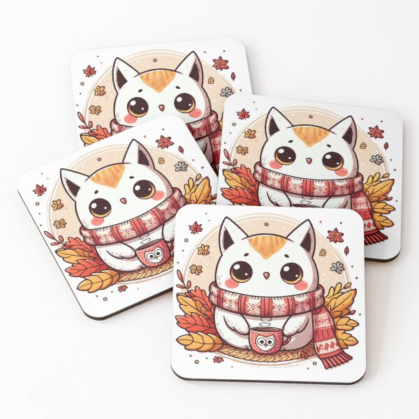 Item preview, Kawaii Cozy Autumn Cat Owl With Mug designed and sold by BigBlueArt.