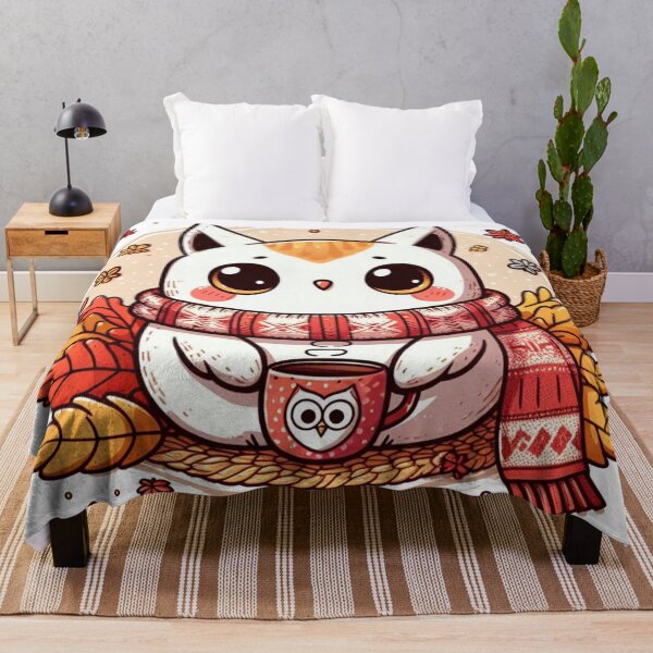 Item preview, Kawaii Cozy Autumn Cat Owl With Mug designed and sold by BigBlueArt.