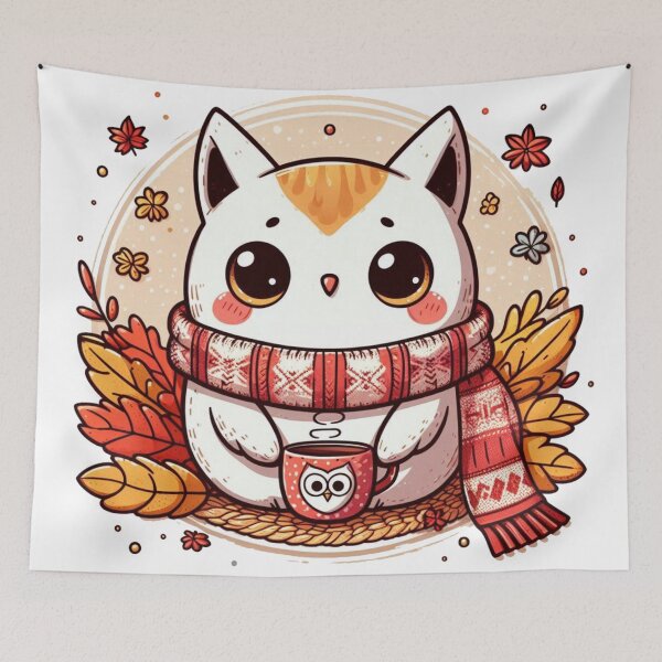 Item preview, Kawaii Cozy Autumn Cat Owl With Mug designed and sold by BigBlueArt.