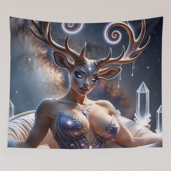 Item preview, Celestial Deer Goddess - Cosmic Antler Queen on Crystal Throne designed and sold by AiDigitalSanctum.