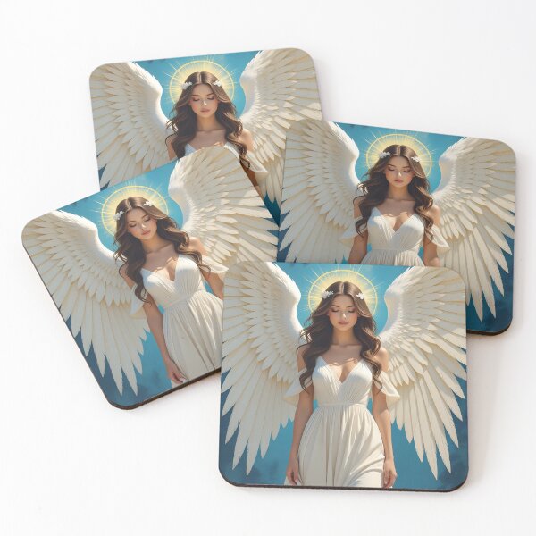 Item preview, Heavenly Brown-Haired Angel with White Wings – Ethereal Blue Fantasy Art designed and sold by EvaAngel.