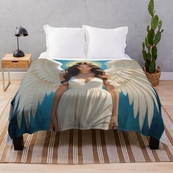 Item preview, Heavenly Brown-Haired Angel with White Wings – Ethereal Blue Fantasy Art designed and sold by EvaAngel.