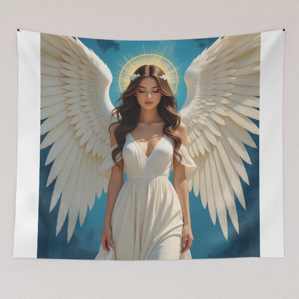 Item preview, Heavenly Brown-Haired Angel with White Wings – Ethereal Blue Fantasy Art designed and sold by EvaAngel.