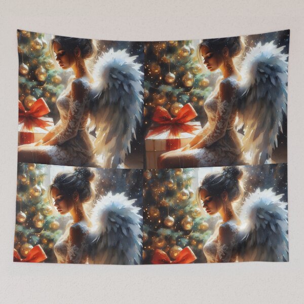 Item preview, Christmas Angel in White Lace Dress – Serene Winged Portrait by the Tree designed and sold by EvaAngel.