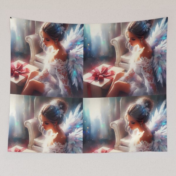 Item preview, Modern White Angel Girl with Sparkling Wings and Gift Box – Christmas Illustration designed and sold by EvaAngel.