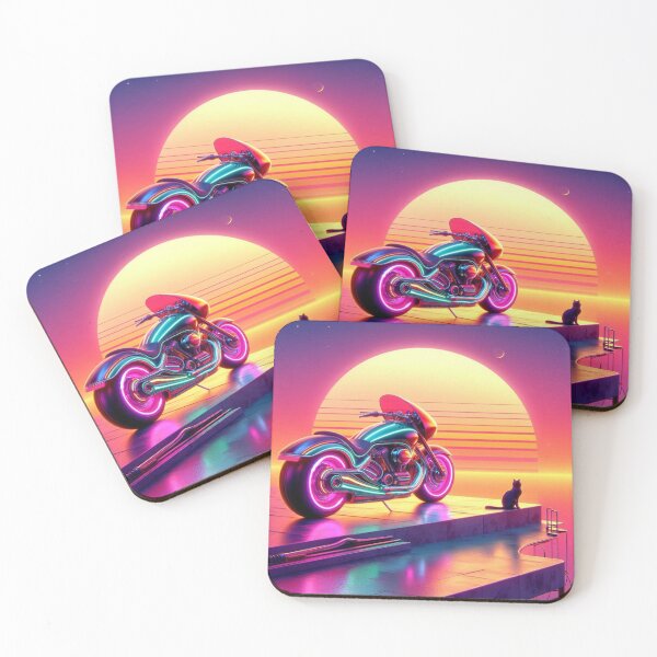 Item preview, Neon Motorcycle & Cat – Synthwave Sunset Dock Scene designed and sold by Dogandesighn.