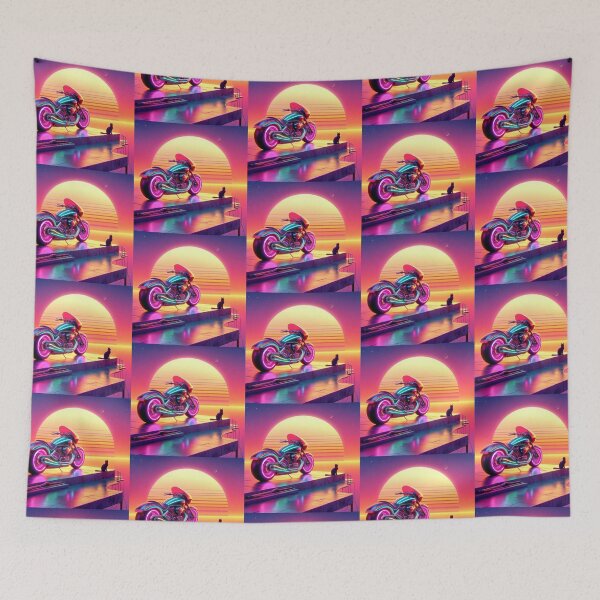 Item preview, Neon Motorcycle & Cat – Synthwave Sunset Dock Scene designed and sold by Dogandesighn.