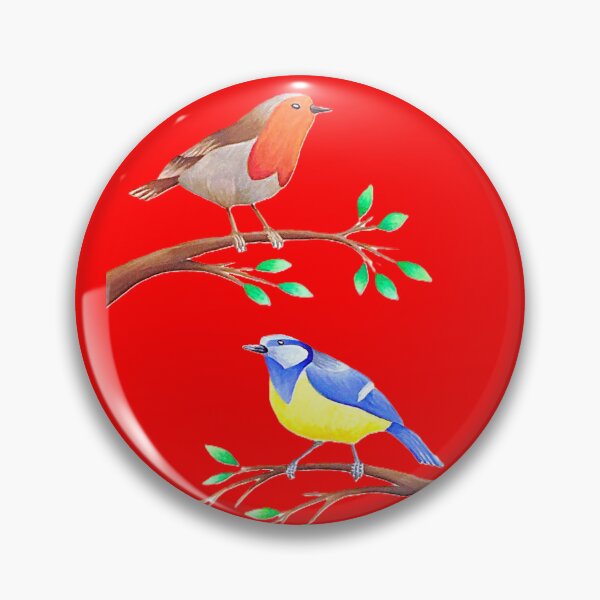 Item preview, Colourful birds design scarlet red background unique original gift robin bluetit designed and sold by Arniesart85.