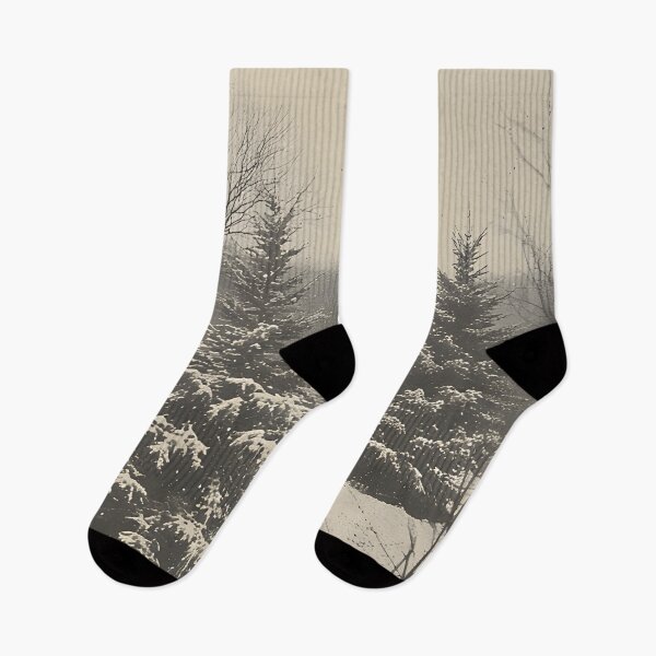 Item preview, Snowy landscape with hills and fir trees in black and white designed and sold by Mianku | Für das Leben.