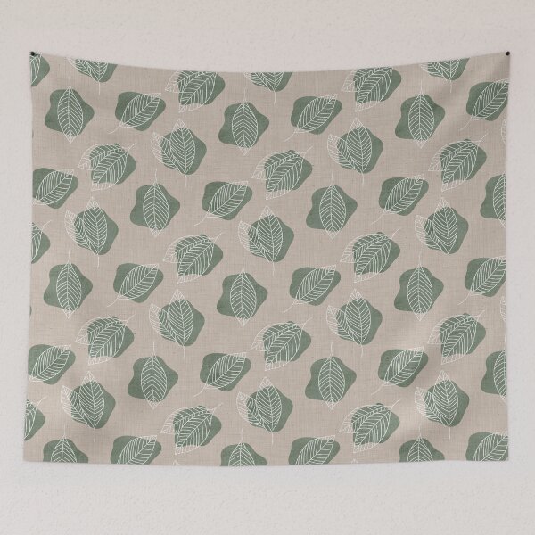 Item preview, White threaded leaves on patches of green with woven beige background designed and sold by SaltyCoveStudio.