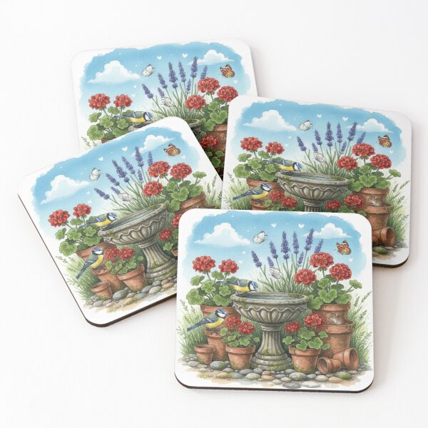 Item preview, Whimsical Garden Bird Bath Illustration with Blue Tits and Geraniums designed and sold by Pixel Pout.