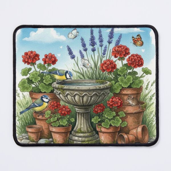 Item preview, Whimsical Garden Bird Bath Illustration with Blue Tits and Geraniums designed and sold by Pixel Pout.