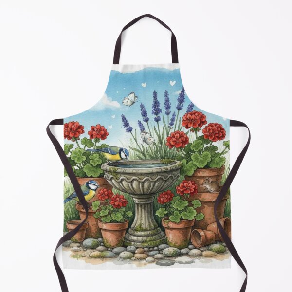 Item preview, Whimsical Garden Bird Bath Illustration with Blue Tits and Geraniums designed and sold by Pixel Pout.