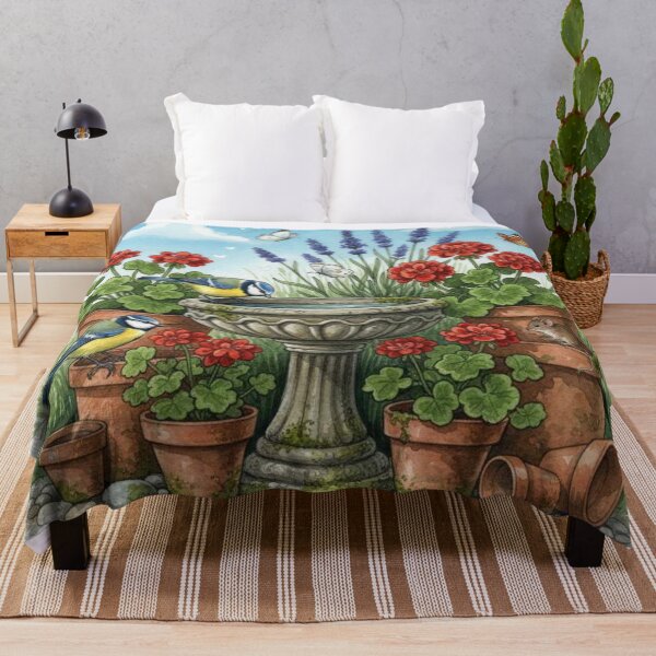Item preview, Whimsical Garden Bird Bath Illustration with Blue Tits and Geraniums designed and sold by Pixel Pout.