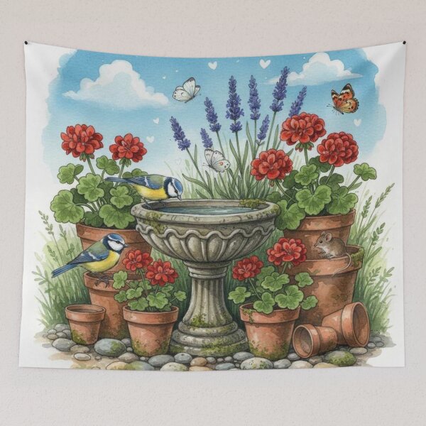 Item preview, Whimsical Garden Bird Bath Illustration with Blue Tits and Geraniums designed and sold by Pixel Pout.