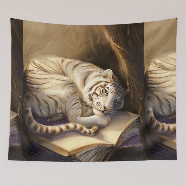 Artikelvorschau, Weißer Tiger mit Büchern und Jungem – Künstlerische Illustration entworfen und verkauft von TreatLLC.