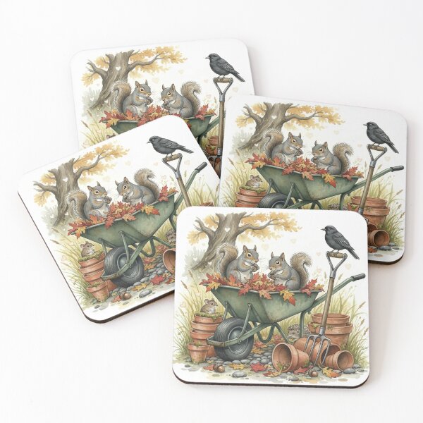 Item preview, Autumn Garden Squirrels Illustration with Wheelbarrow and Leaves designed and sold by Pixel Pout.