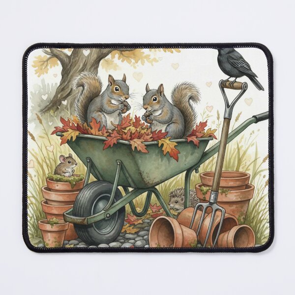 Item preview, Autumn Garden Squirrels Illustration with Wheelbarrow and Leaves designed and sold by Pixel Pout.