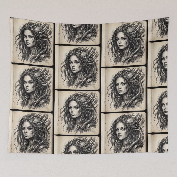 Item preview, Scifi Biomechanical portrait of a beautiful woman pinup art designed and sold by Vintage Designs +.