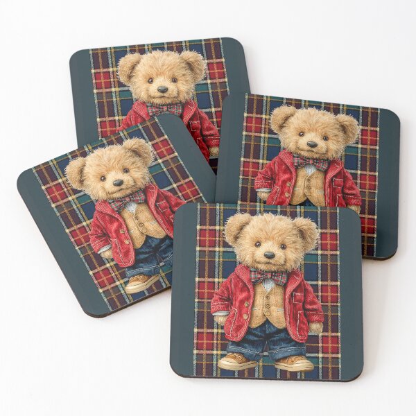 Item preview, Adorable Teddy Bear in Red Jacket on a tartan plaid background - Cute Illustrated Bear Character designed and sold by Gino By Design.