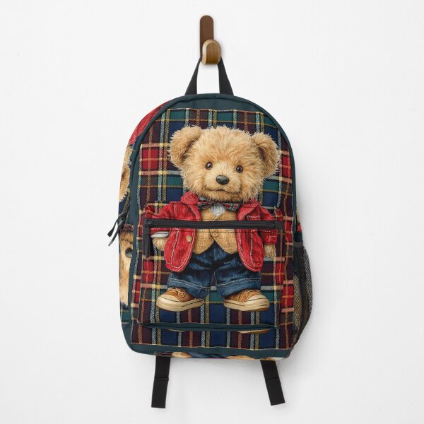 Item preview, Adorable Teddy Bear in Red Jacket on a tartan plaid background - Cute Illustrated Bear Character designed and sold by Gino By Design.