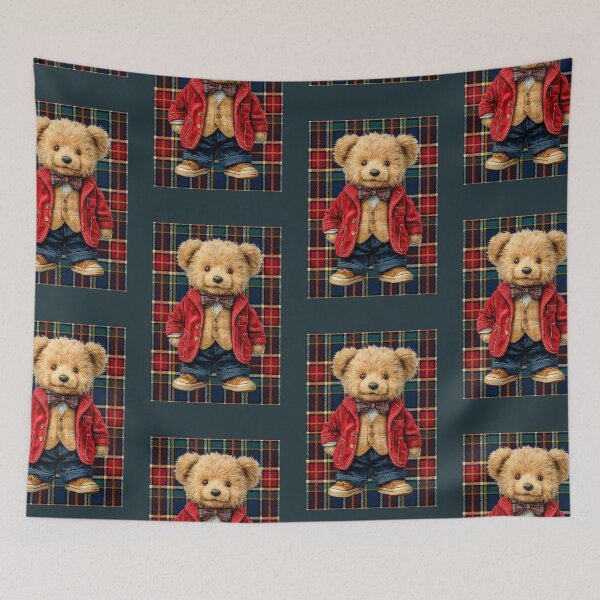 Item preview, Adorable Teddy Bear in Red Jacket on a tartan plaid background - Cute Illustrated Bear Character designed and sold by Gino By Design.