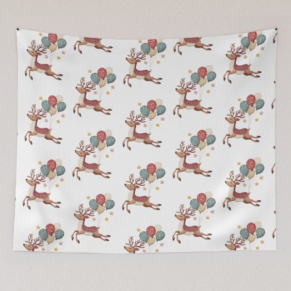 Item preview, Embroidered Reindeer with Festive Balloons – Cozy Nordic Christmas Art designed and sold by MiraLumeStudio.