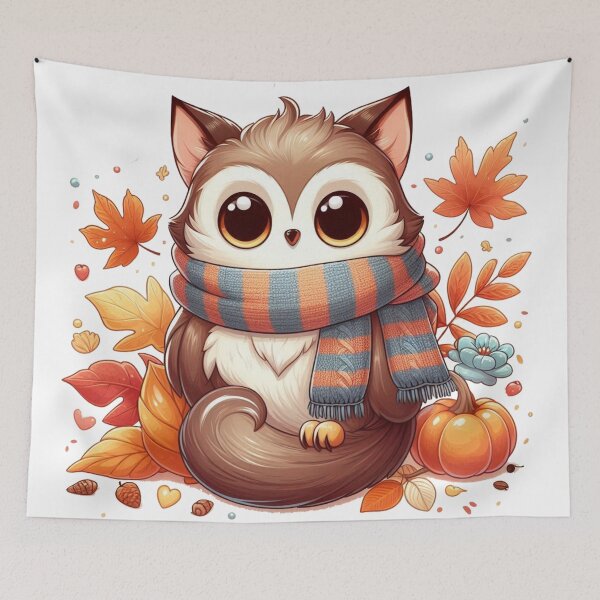 Item preview, Kawaii Fall Owl With Striped Scarf designed and sold by BigBlueArt.