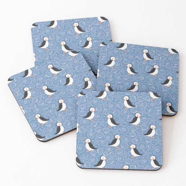 Item preview, cute puffins and shells blue pattern designed and sold by winterpumpkin.