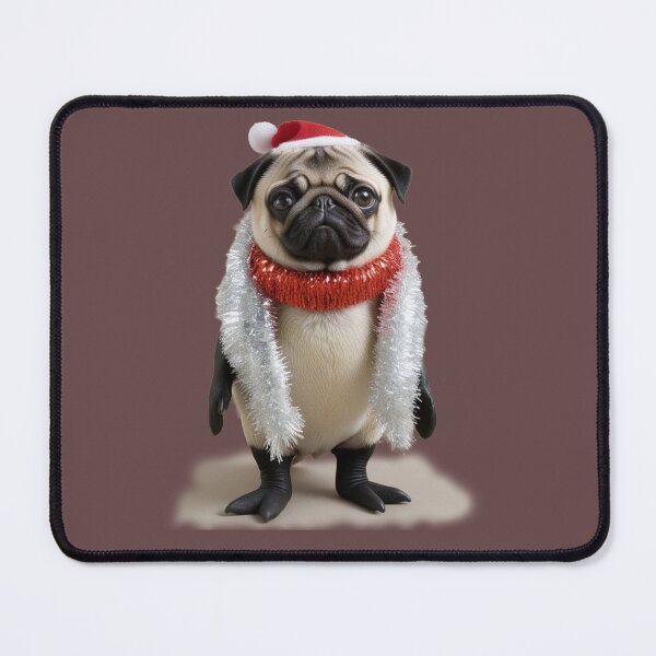 Item preview, Pug dressed as a penguin wearing a Christmas hat and scarf during the festive holiday season designed and sold by Beast Reality.