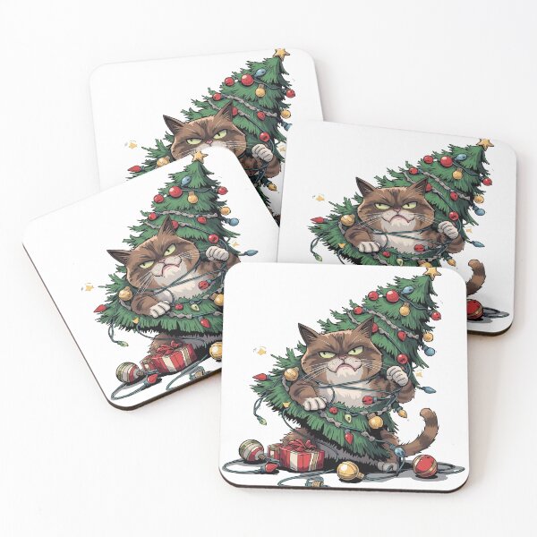 Item preview, Grumpy Cat Tangled in Christmas Tree Lights - Funny Holiday designed and sold by The Grumpy Pet Club.