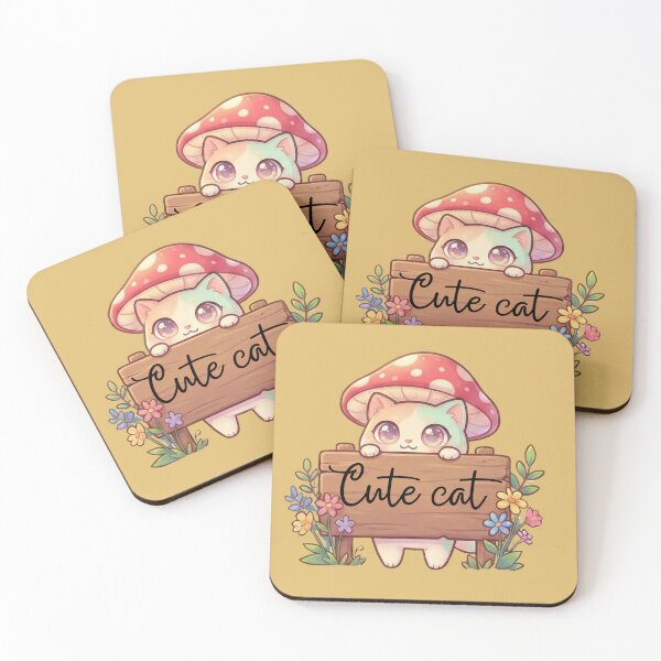Item preview, Kawaii Cat with Mushroom Hat Holding ‘Cute Cat’ Sign” designed and sold by Eman4design.