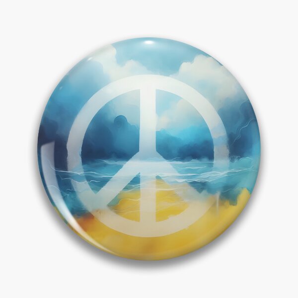 Item preview, Peace symbol in white, watercolor wash in blue and yellow hues, with subtle horizontal lines, soft and serene designed and sold by homydesign.