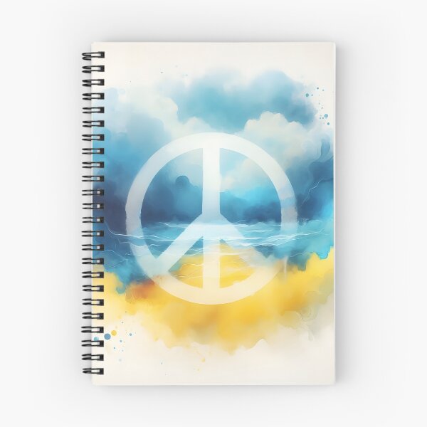 Item preview, Peace symbol in white, watercolor wash in blue and yellow hues, with subtle horizontal lines, soft and serene designed and sold by homydesign.