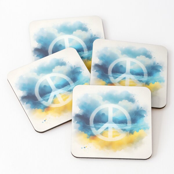 Item preview, Peace symbol in white, watercolor wash in blue and yellow hues, with subtle horizontal lines, soft and serene designed and sold by homydesign.