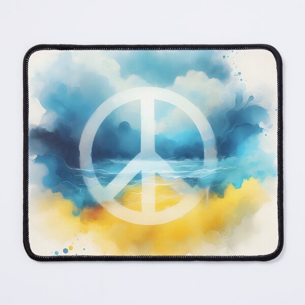 Item preview, Peace symbol in white, watercolor wash in blue and yellow hues, with subtle horizontal lines, soft and serene designed and sold by homydesign.