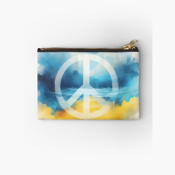 Item preview, Peace symbol in white, watercolor wash in blue and yellow hues, with subtle horizontal lines, soft and serene designed and sold by homydesign.