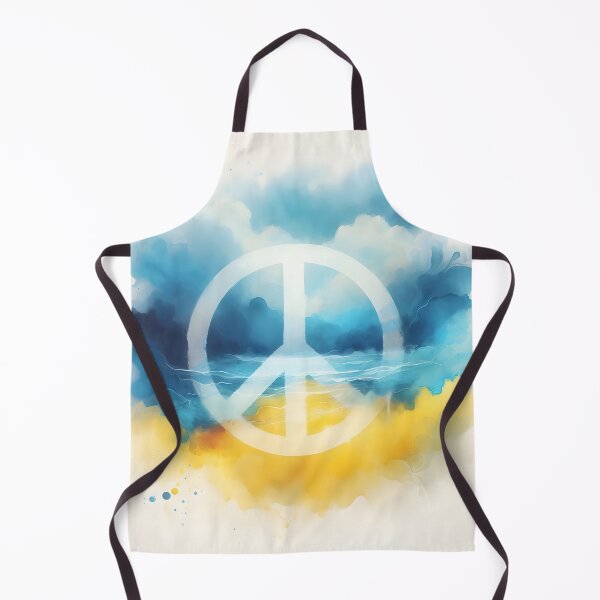 Item preview, Peace symbol in white, watercolor wash in blue and yellow hues, with subtle horizontal lines, soft and serene designed and sold by homydesign.