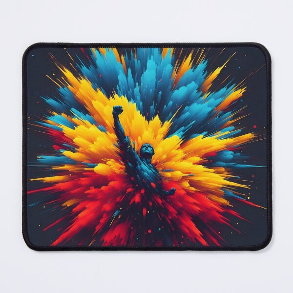 Item preview, Silhouette raising fist amidst abstract color explosion, dynamic and powerful, dark background designed and sold by homydesign.