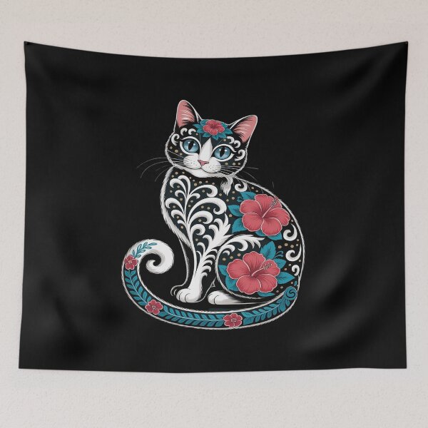 Item preview, Scandinavian Nordic Folk Art Colorful Cat Flower Cottagecore designed and sold by Sandrhaus.