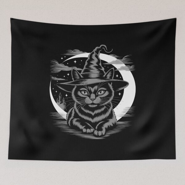 Item preview, Scary Halloween Black Cat Costume Witch Hat and Moon designed and sold by Sandrhaus.