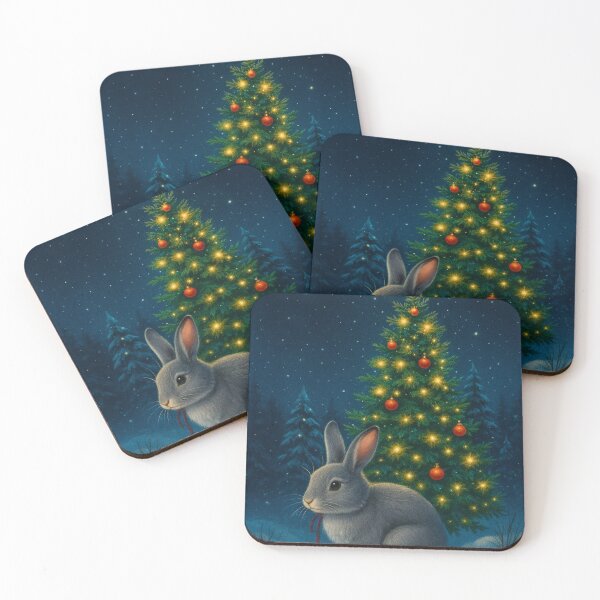 Item preview, Christmas Bunny Under Colourful Tree – Magical Winter Rabbit Holiday Poster designed and sold by leen12 Art Designs Prints.